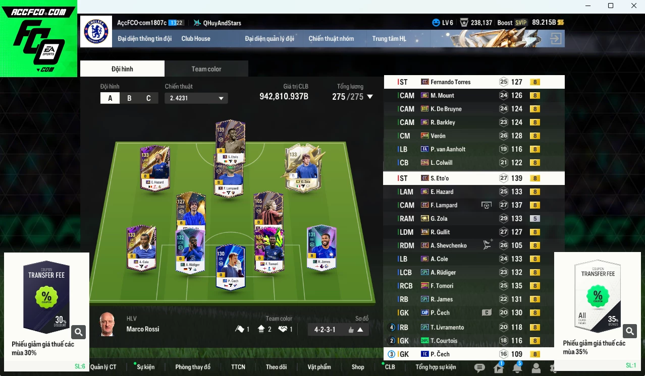 [ACC Rẻ🔥] Chelsea 942.810b có Eto CC, Sheva CC, Tomori 23HW, Lampard CC, Rudiger SPL, Gullit RTN, Zola ITM+5, Hazard HG, Verón JNM, Torres CC, K. De Bruyne BTB... Gần full đào tạo chiến thuật, HLV Xịn
